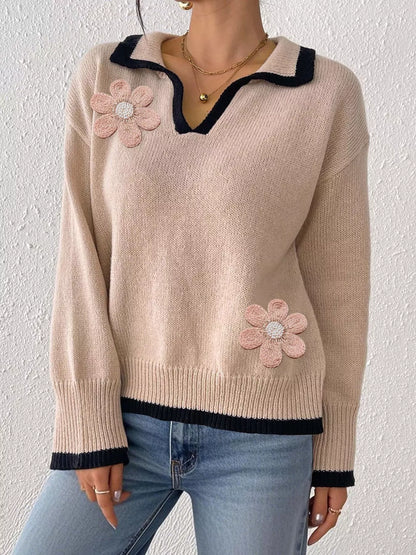 Flower Contrast Trim Dropped Shoulder Sweater