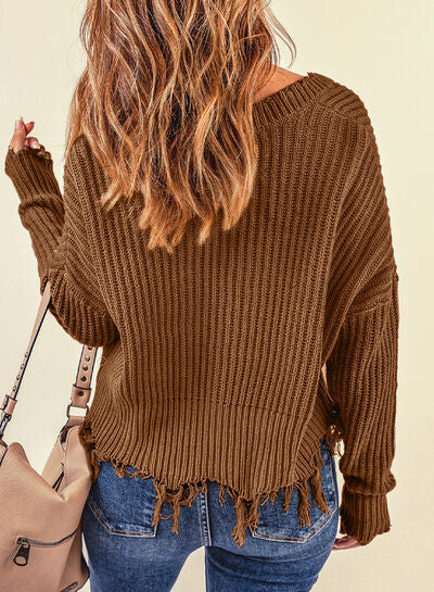 Blue Zone Planet | Fringe V-Neck Dropped Shoulder Sweater