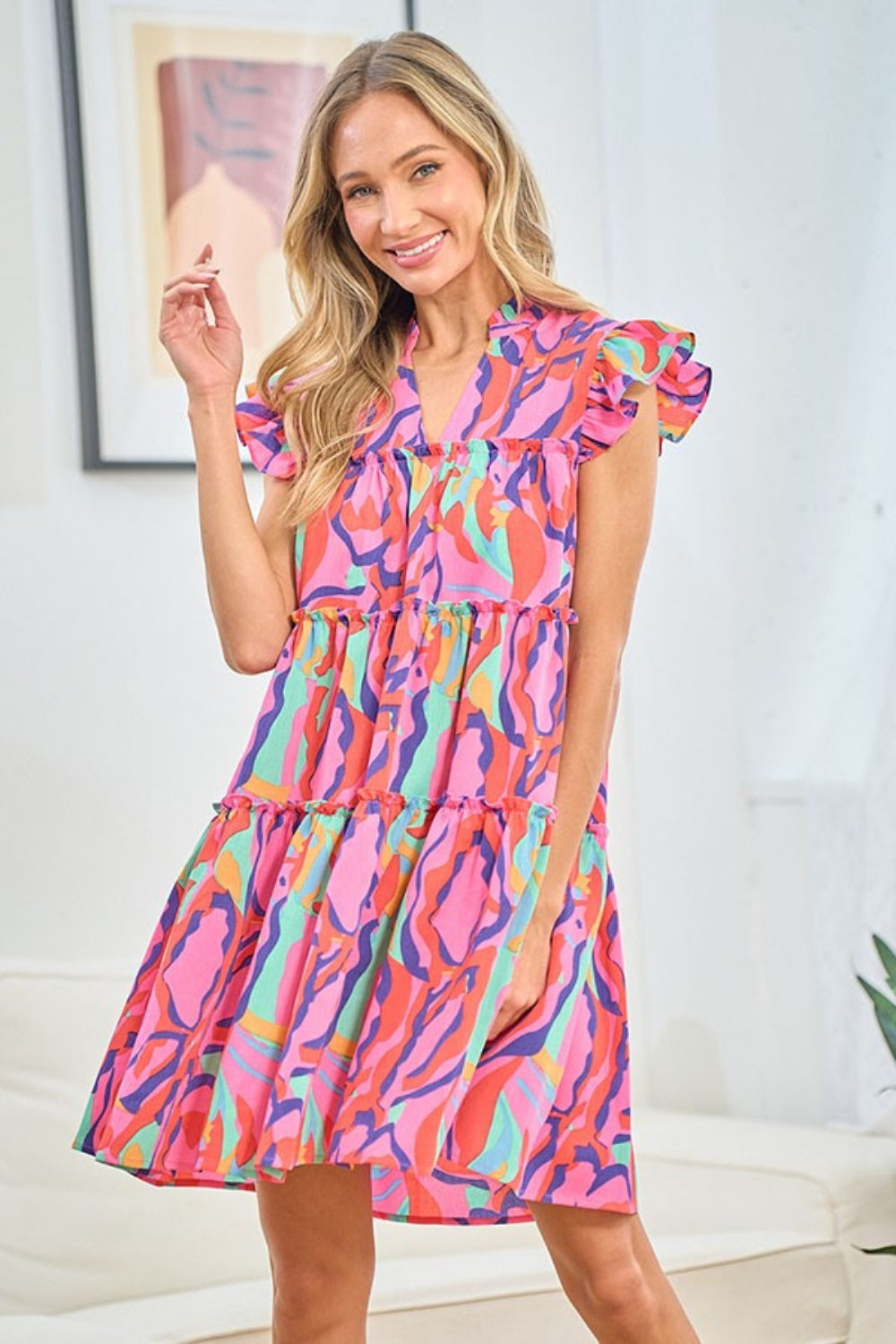 Blue Zone Planet | First Love Full Size Printed Ruffle Cap Sleeve Tiered Dress