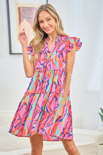 Blue Zone Planet | First Love Full Size Printed Ruffle Cap Sleeve Tiered Dress