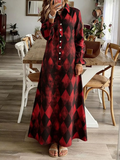 Argyle Print Button-Down Maxi Dress