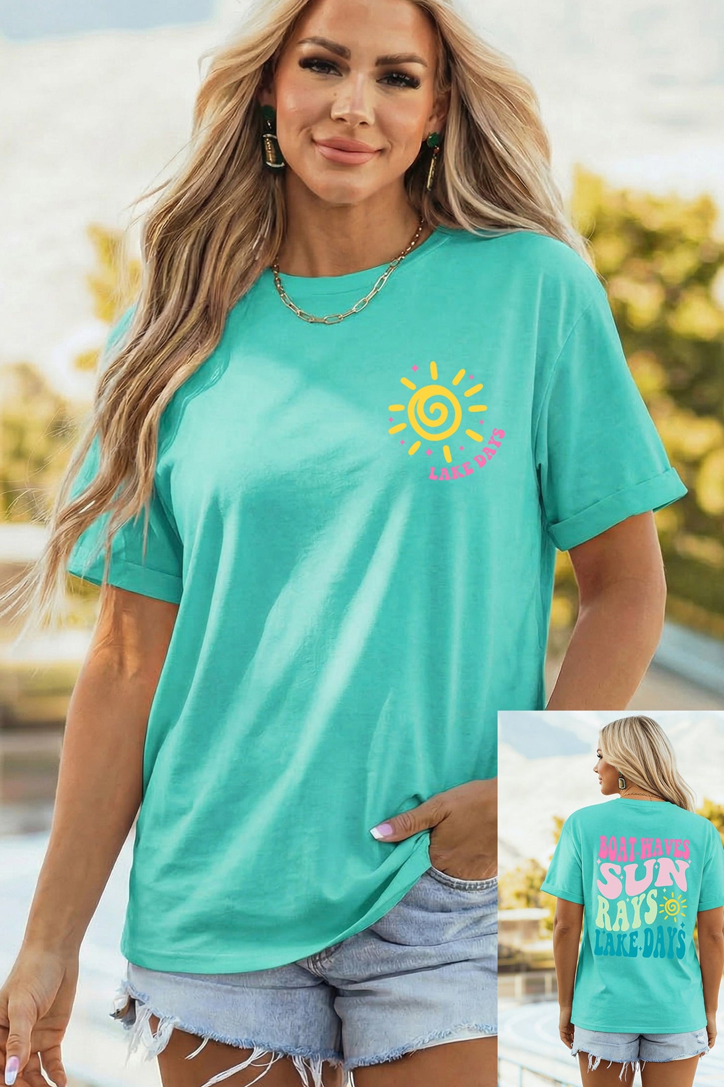 Mint Green Lake Days Double Side Printed Vacation T Shirt