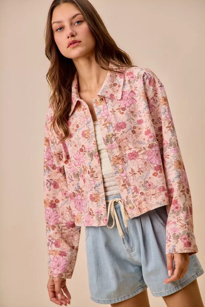 SO ME Floral Print Cotton Twill Button Down Barn Jacket