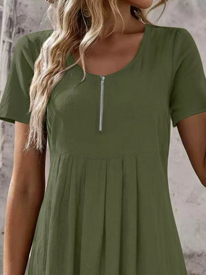 Zipper-Front Short Sleeve A-Line Dress