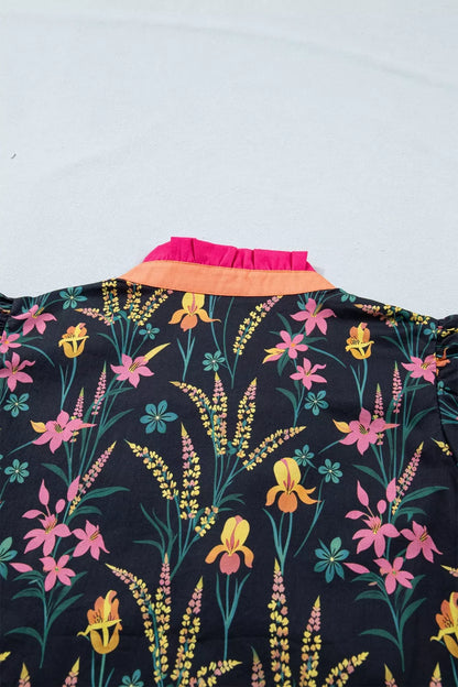 Floral Print Contrast Trim Tiered Ruffled Short Sleeve Blouse