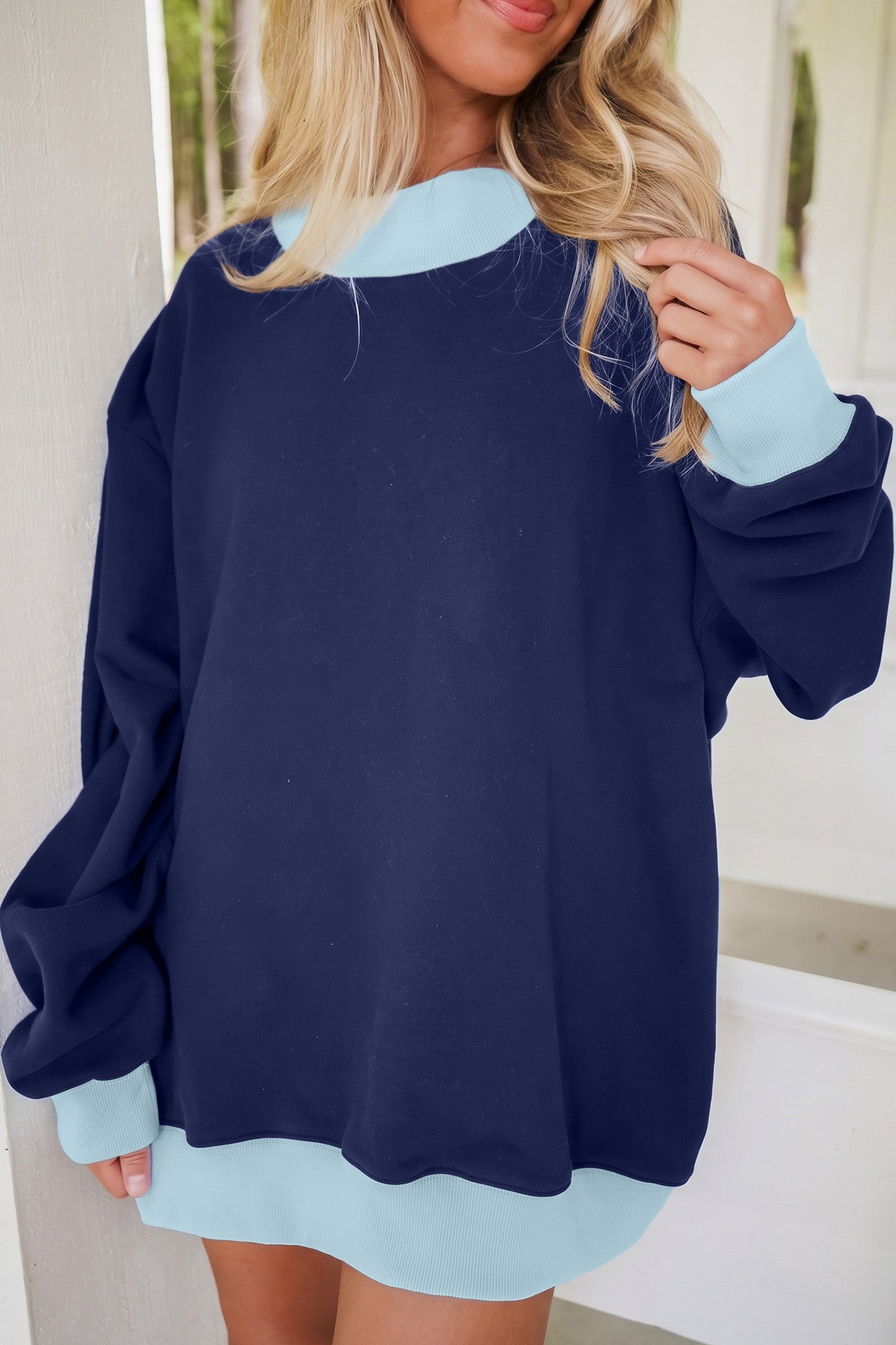 Pink Colorblock Trim Crewneck Long Sleeve Pullover Sweatshirt