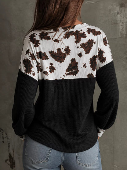 Cow Print Color Block Waffle Knit Blouse