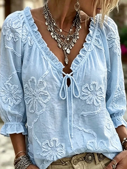 Plus Size Floral Tie Front 3/4 Sleeve Blouse