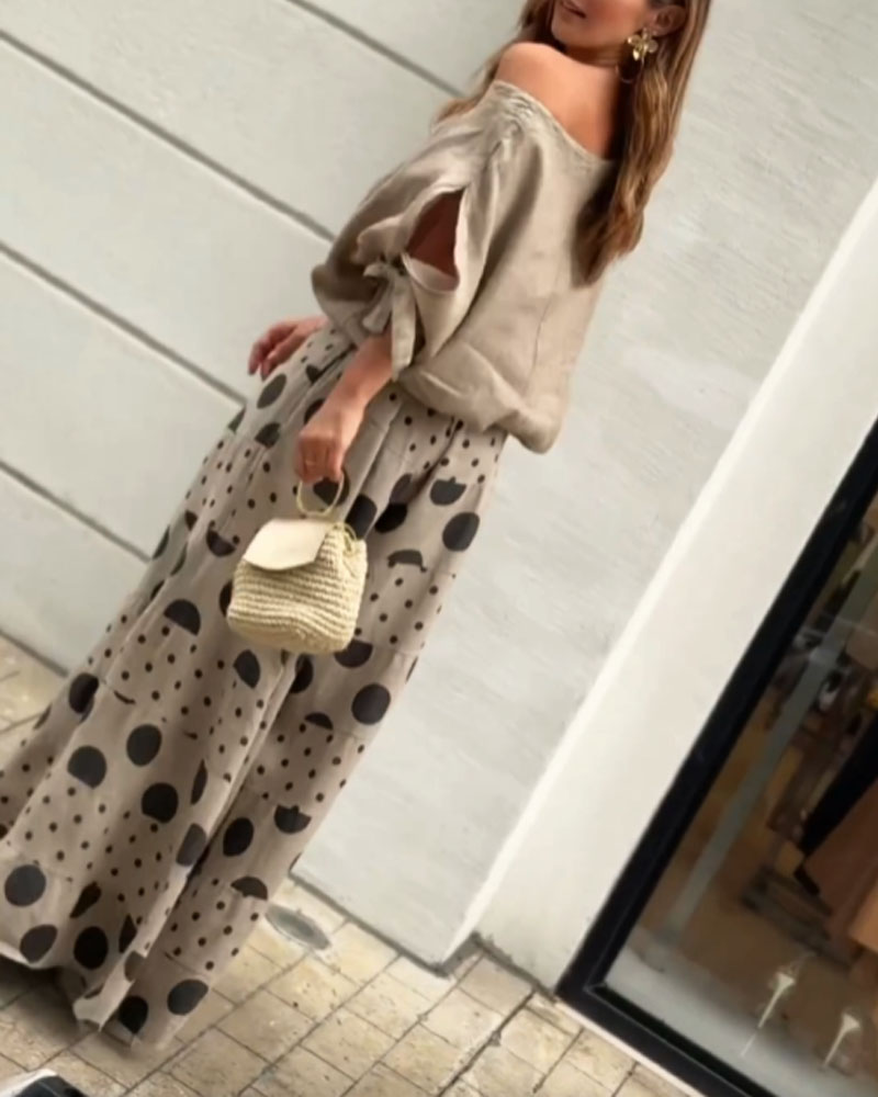 Casual Shoulder Top & Printed Pants Two-Piece Set