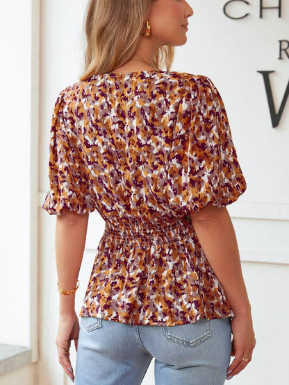 Abstract Print V Neck Smocked Babydoll Blouse