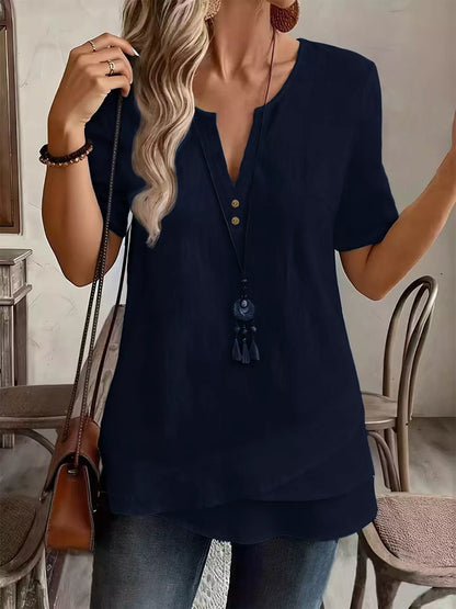 Notched Short Sleeve Blouse