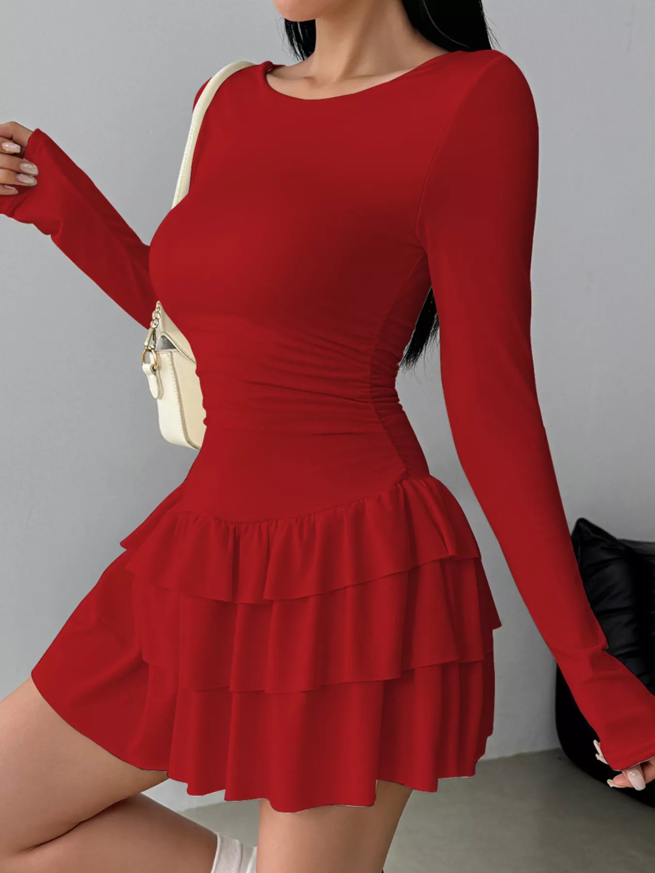 Elara's Ruched Long Sleeve Layered Ruffle Mini Dress
