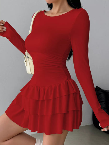 Elara's Ruched Long Sleeve Layered Ruffle Mini Dress