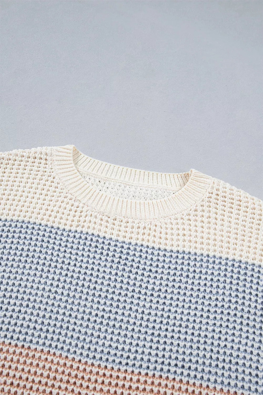 Color Block Waffle Knit Drop Shoulder Round Neck Long Sleeve Sweater
