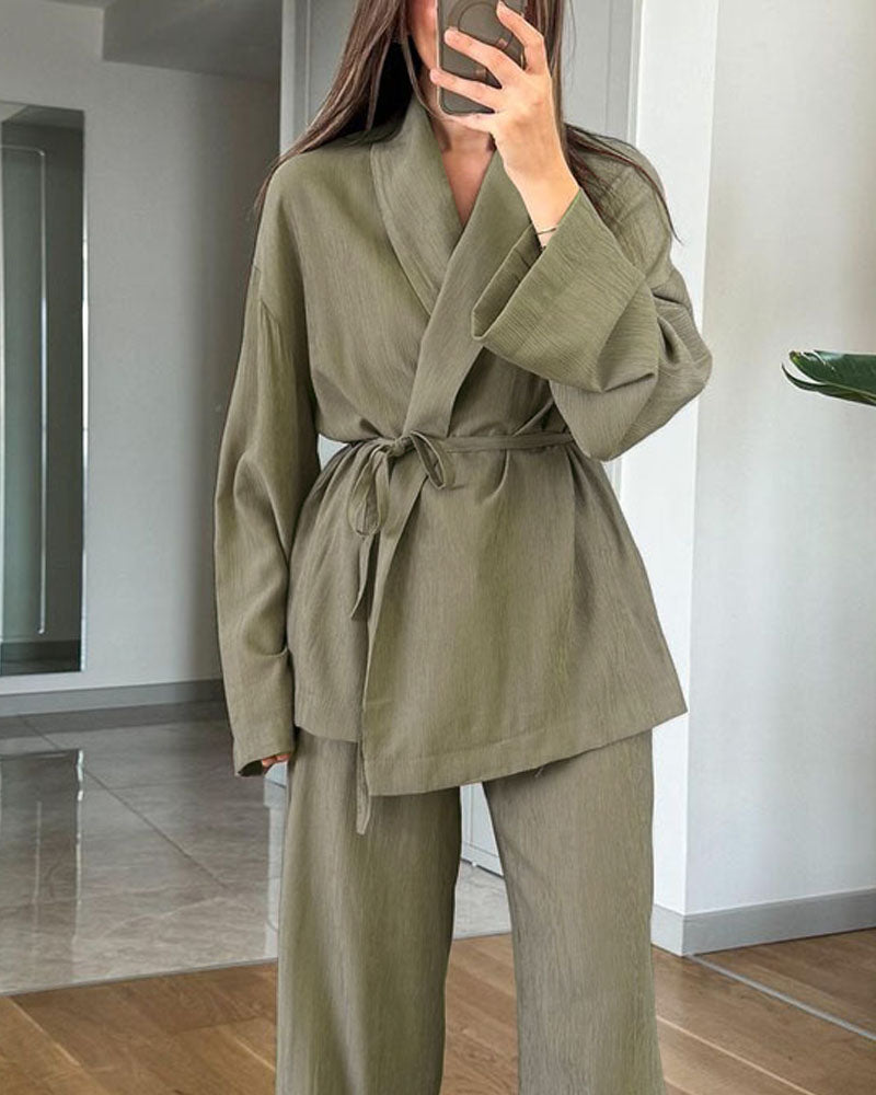 Casual Solid Color Lappel Top & Pants Two-Piece Set