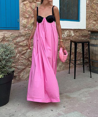 Black & Pink Color Contrast Design Maxi Dress