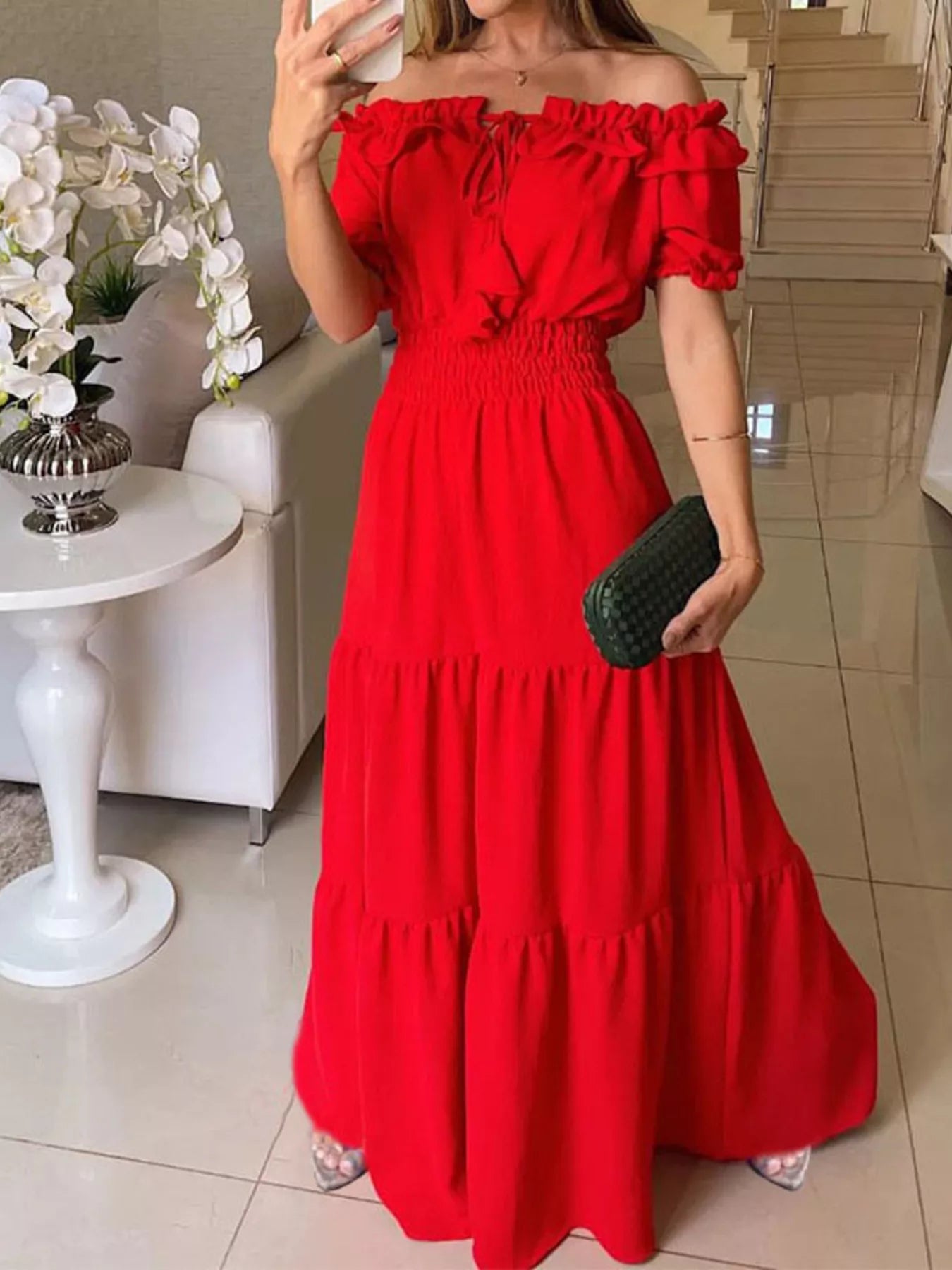 Off-Shoulder Ruffled Tiered Maxi Dress
