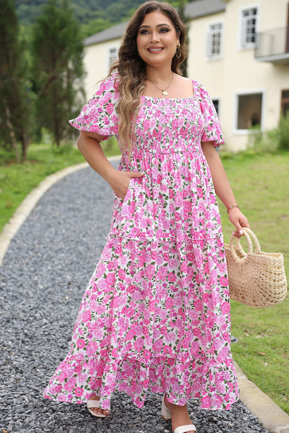 Blue Zone Planet | Pink Plus Size Floral Print Smocked Puff Sleeve Dress