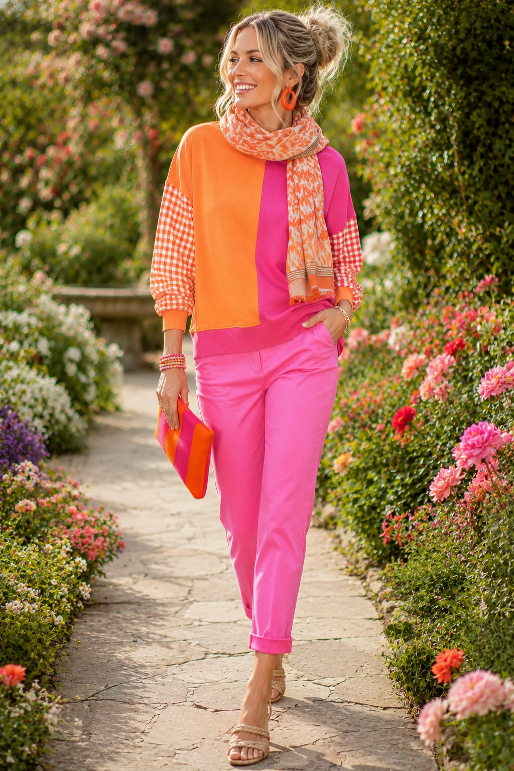 Colorblock Gingham Sleeve Sweatshirt for Women