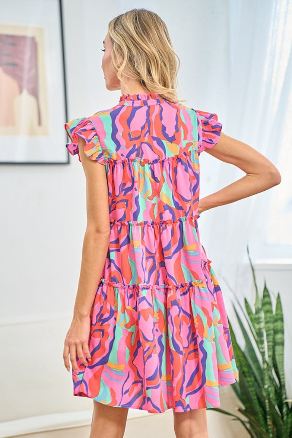 Blue Zone Planet | First Love Full Size Printed Ruffle Cap Sleeve Tiered Dress