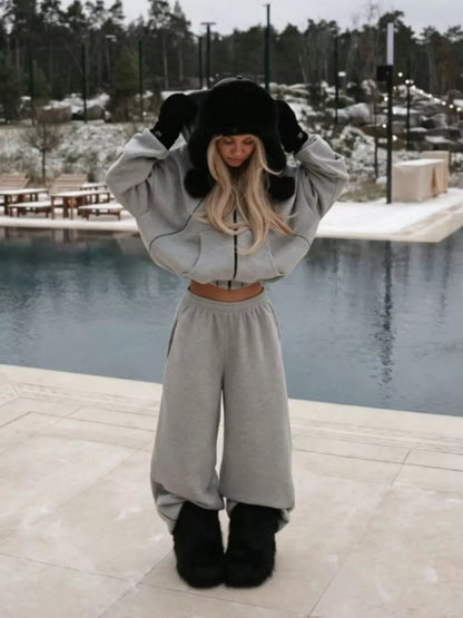 Cropped Zip-Up Hoodie and Wide-Leg Sweatpants Lounge Set