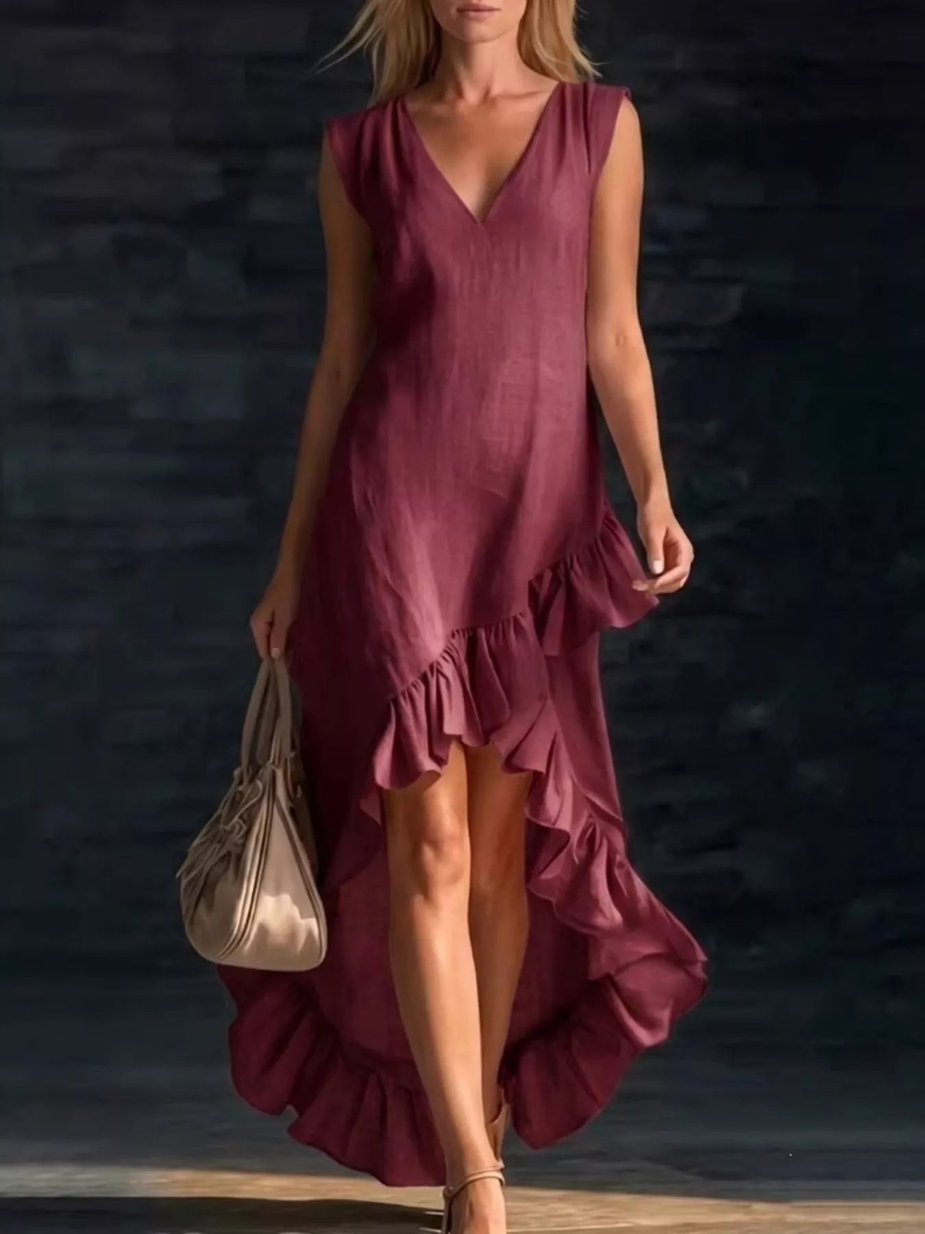 Full Size Ruffled Asymmetrical Hem V-Neck Sleeveless Dress Plus Size