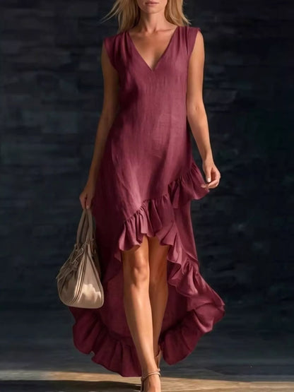 Full Size Ruffled Asymmetrical Hem V-Neck Sleeveless Dress Plus Size