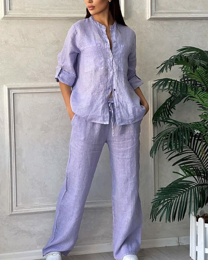 Solid Color Cotton Linen Long-sleeved Shirt & Lace-up Wide Leg Pants Two-piece Set