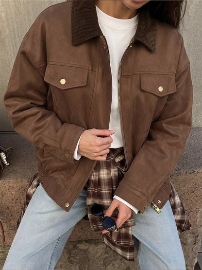 Corduroy Collar Zip-Up Jacket