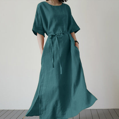 Leisure Round Neck Solid Color Cotton Dress