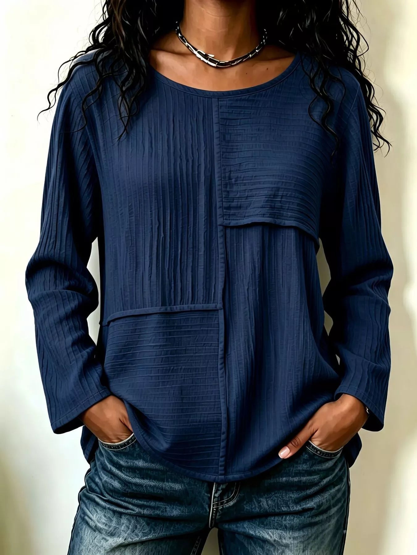 Women's Textured Patchwork Long Sleeve Top