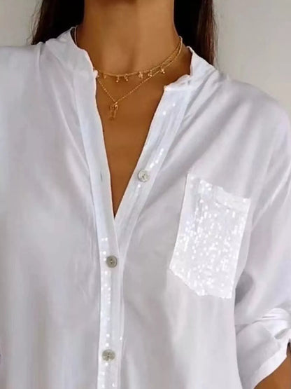 Full Size Sequin Detail Button-Down Shirt Plus Size