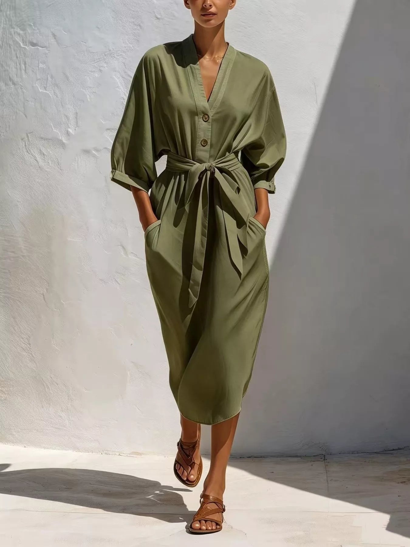 Full Size Tie Waist V-Neck Midi Dress Plus Size