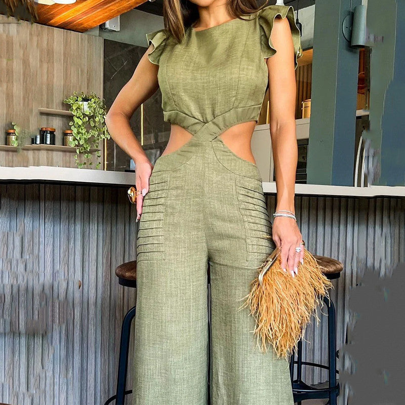 Summer round neck ruffled loose jumpsuit