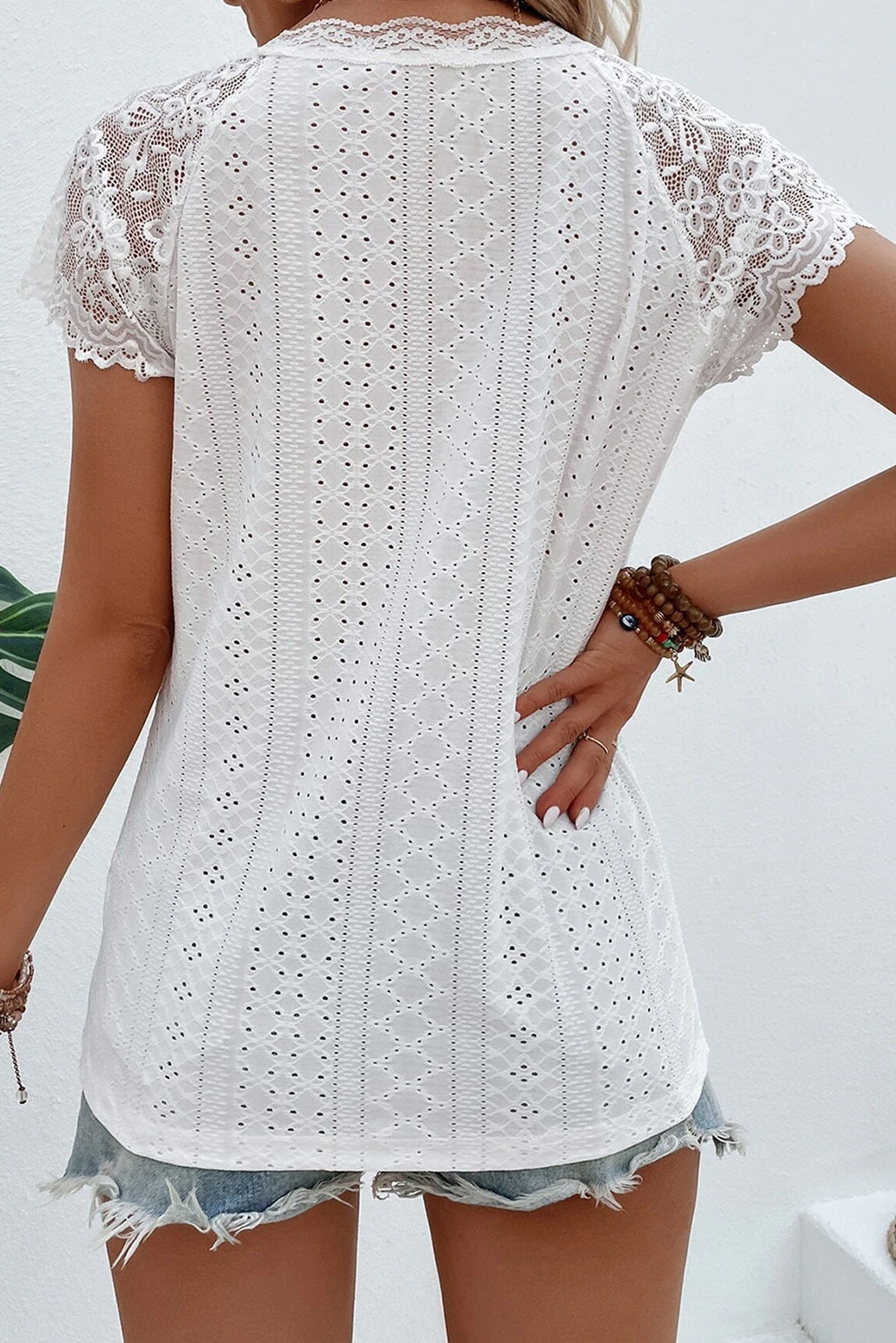 Blue Zone Planet | Eyelet Lace Detail V-Neck T-Shirt