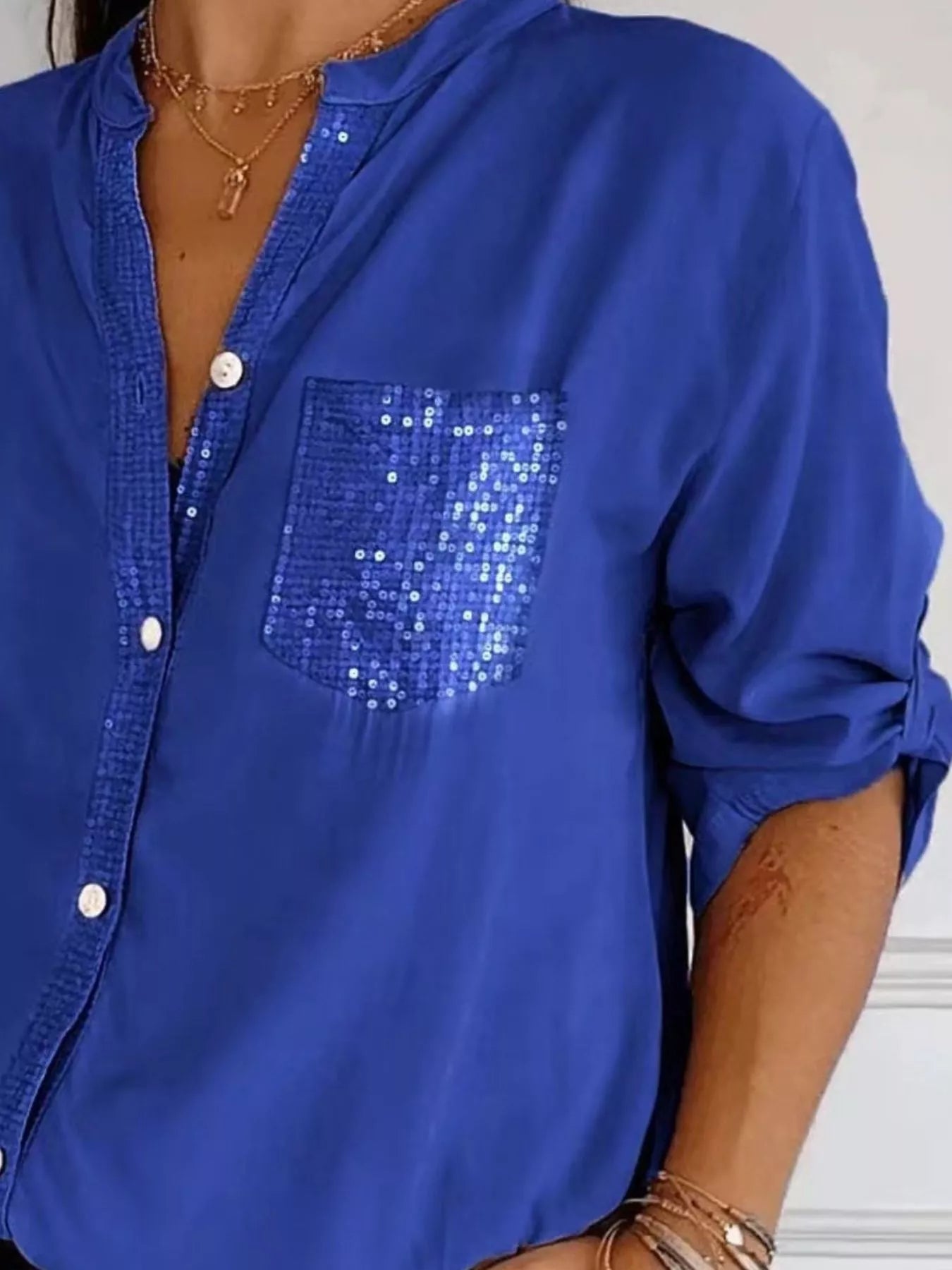 Full Size Sequin Detail Button-Down Shirt Plus Size
