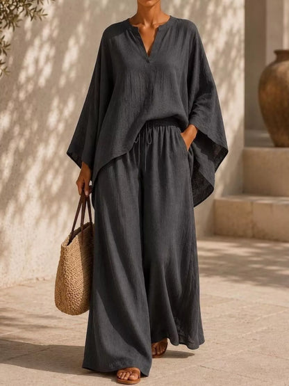 Full Size Notched Long Sleeve Top and Wide-Leg Pants Set Plus Size