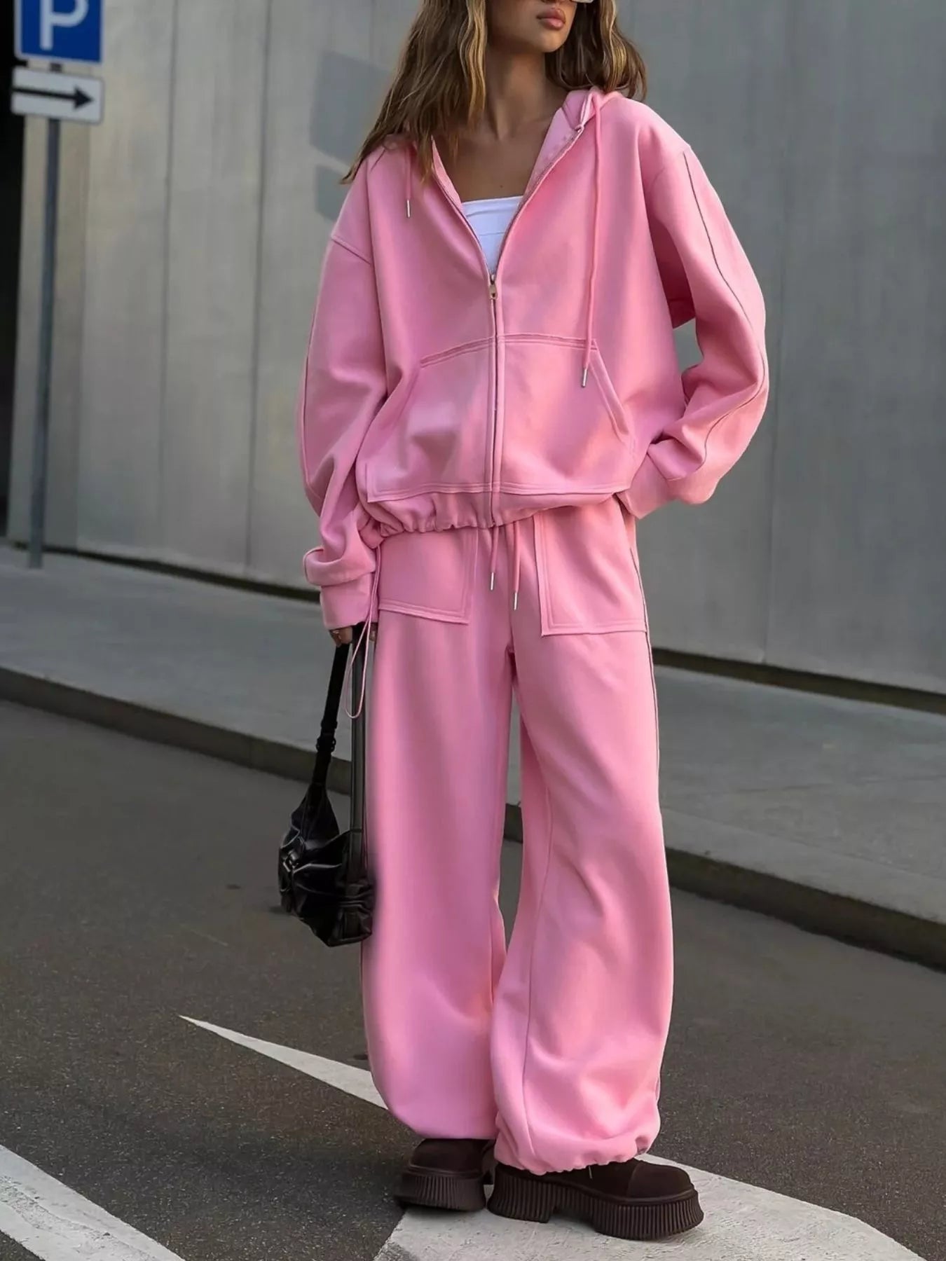 Oversized Zip-Up Hoodie and Wide-Leg Pants Set
