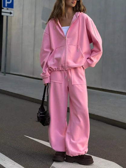 Oversized Zip-Up Hoodie and Wide-Leg Pants Set