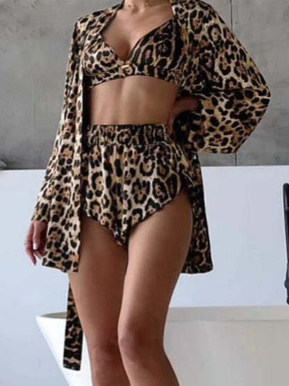 Leopard Bra & Cardigan and Shorts Set