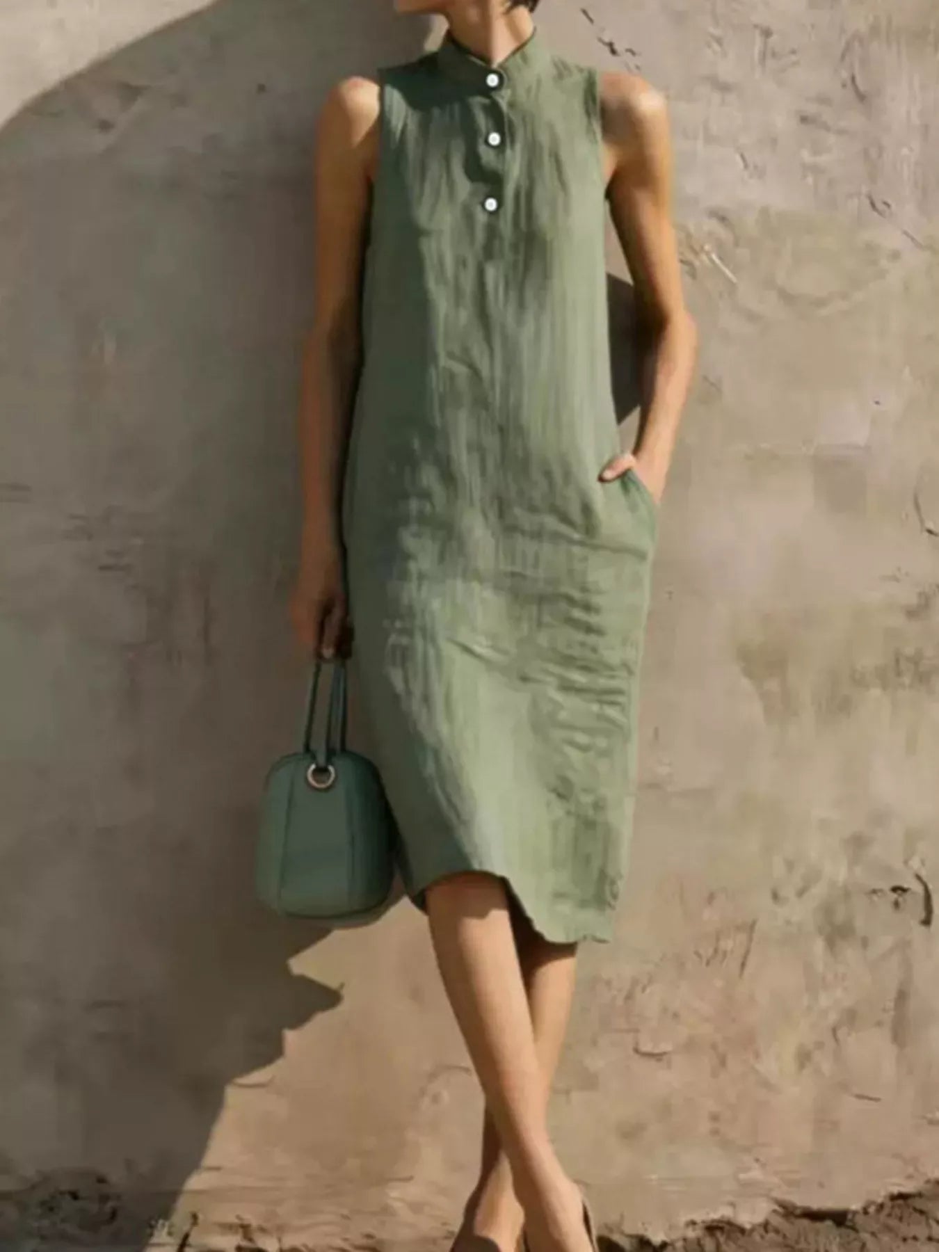 Button Detail Sleeveless Midi Dress