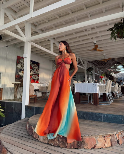 Robe longue de vacances à imprimé coucher de soleil fluo, avec découpes dans le dos et liens à nouer