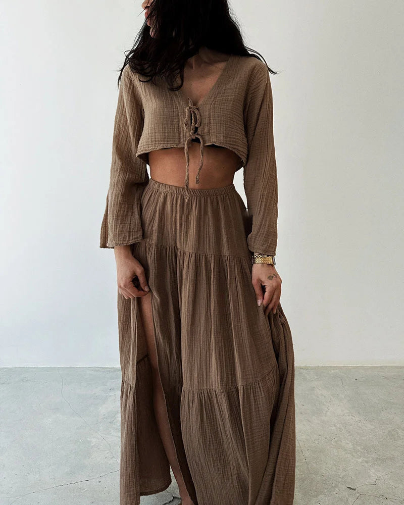 Fashionable lace-up slit cotton and linen two-piece set