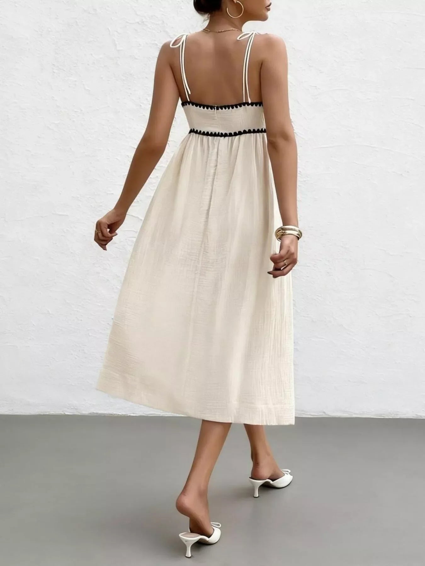 Contrast Trim Tie Shoulder Midi Dress