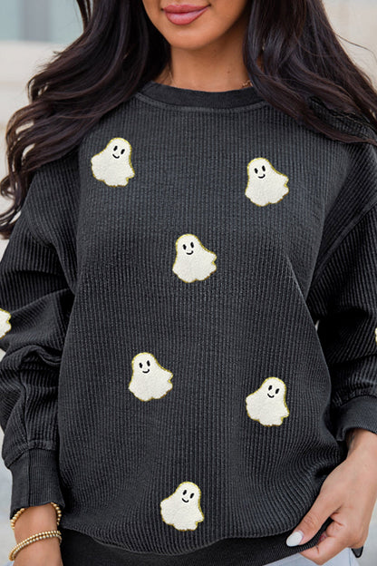 Black Oversized Ghost Print Pullover Corded Sweatshirt