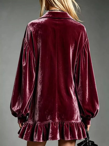 Full Size Velvet Ruffled Hem Long Sleeve Dress Plus Size