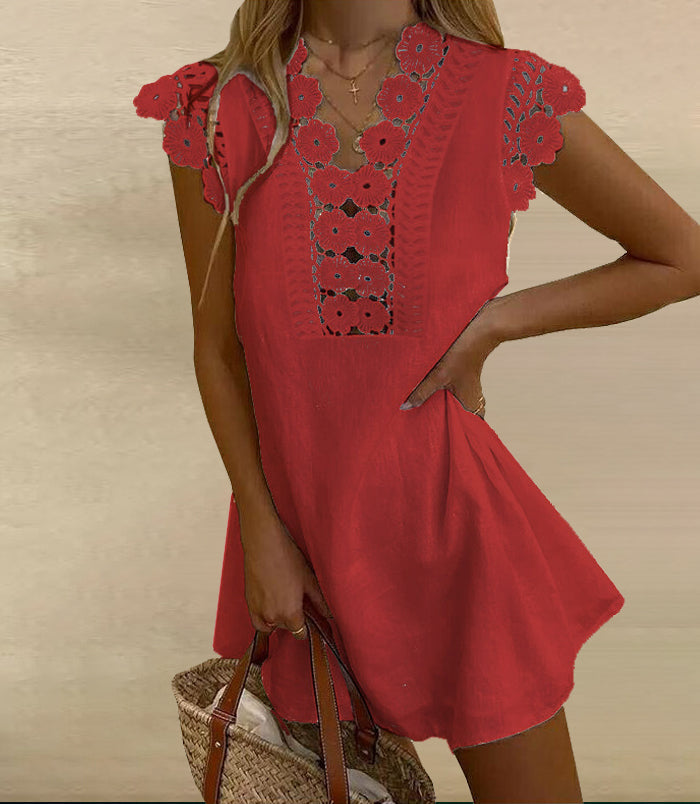 Chic Lace Trim Patchwork Mini Dress