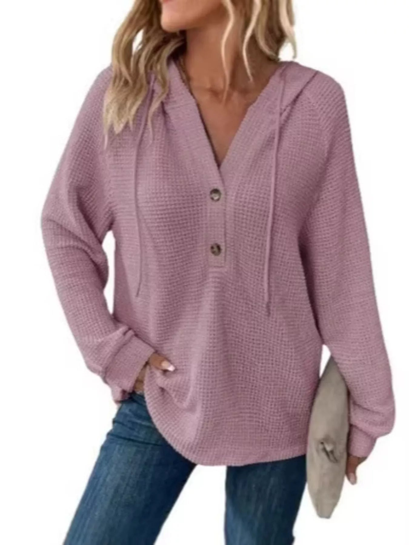 Full Size Waffle Knit Half-Button Hoodie Plus Size