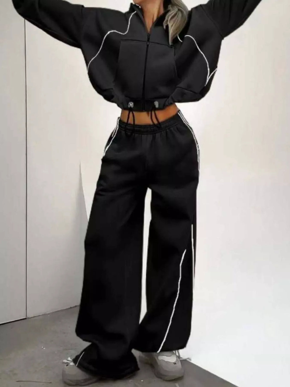 Cropped Zip-Up Hoodie and Wide-Leg Sweatpants Lounge Set
