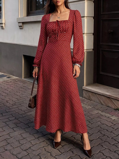 Square Neck Polka Dot Long Sleeve Maxi Dress